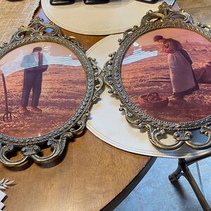 Vintage Angeles Jean Francois Millet man and woman with convex  glass 17 x 11.75